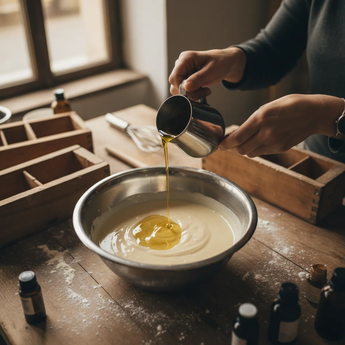 Mains de savonnière versant de l'huile d'olive dans une pâte à savon en cours de saponification à froid, atelier baigné de lumière naturelle
