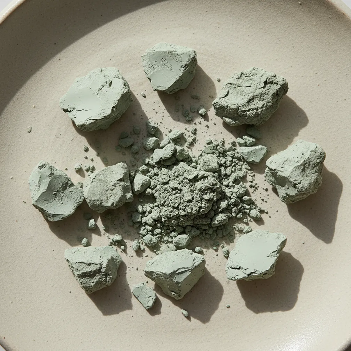 Macro d'argile verte brute, fragments et poudre minérale aux nuances vert-de-gris