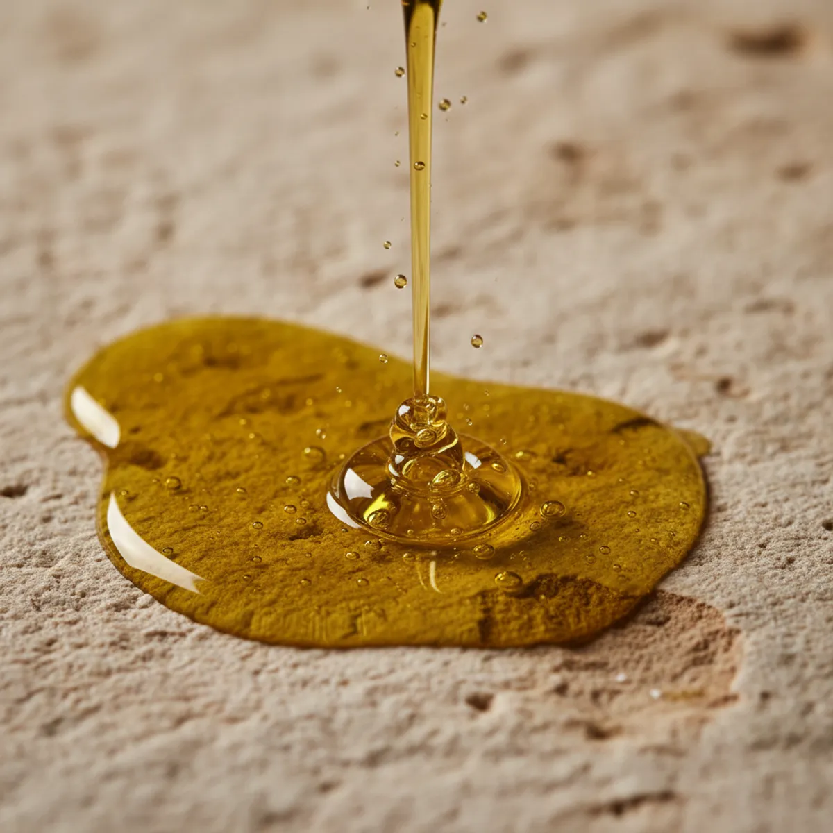 Macro d'huile d'olive dorée formant des gouttes épaisses sur une surface de pierre claire